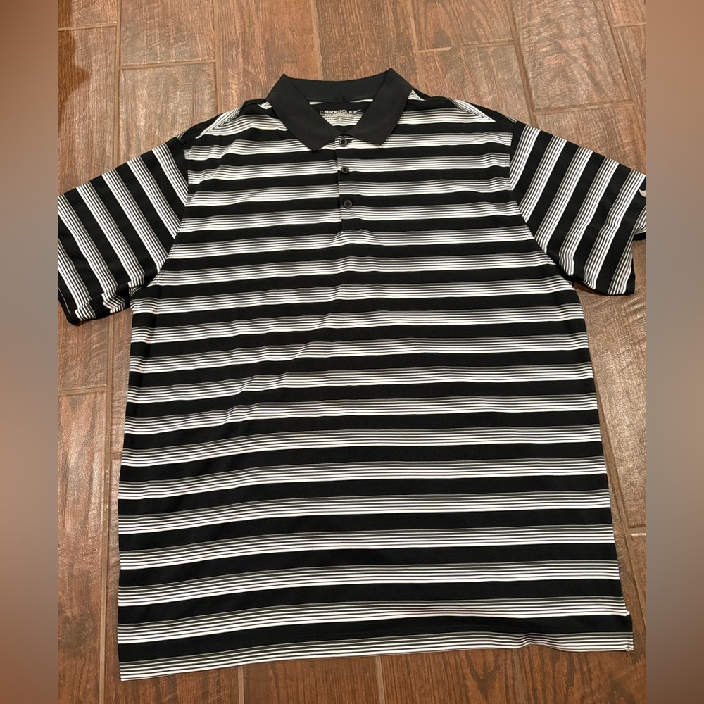 Nike Golf Black  Polo Shirt with white and dark gray stripes. Size xl